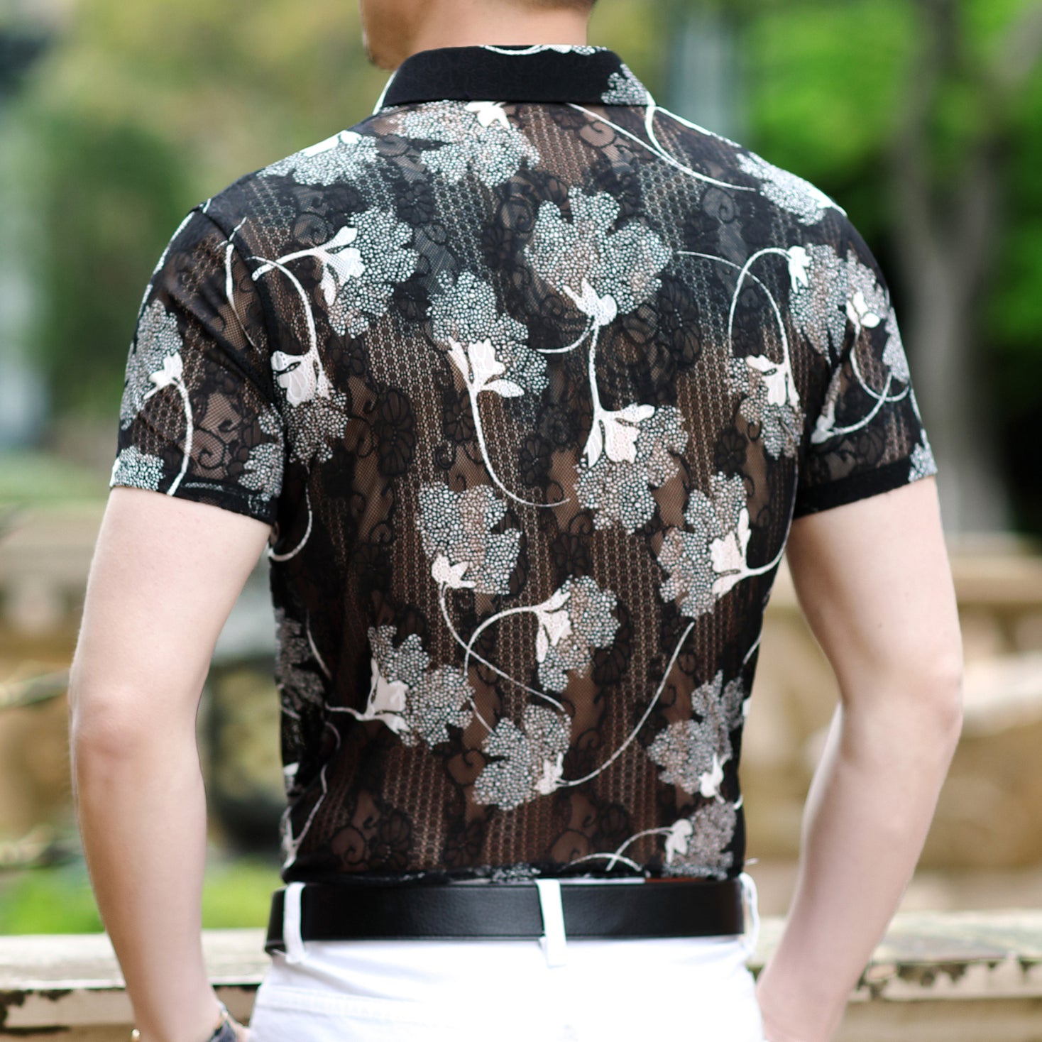 Printed Floral Mesh Semi Sheer Men Shirt