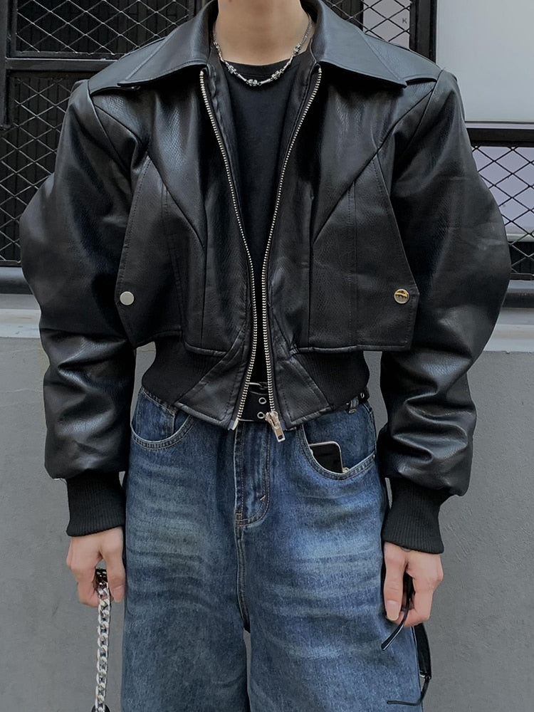 Solid Black Rivet Design Leather Jacket