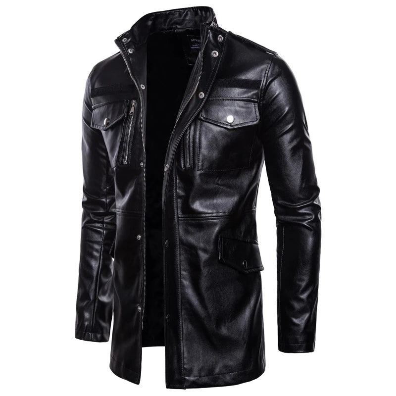 PU Leather Black Solid Coat