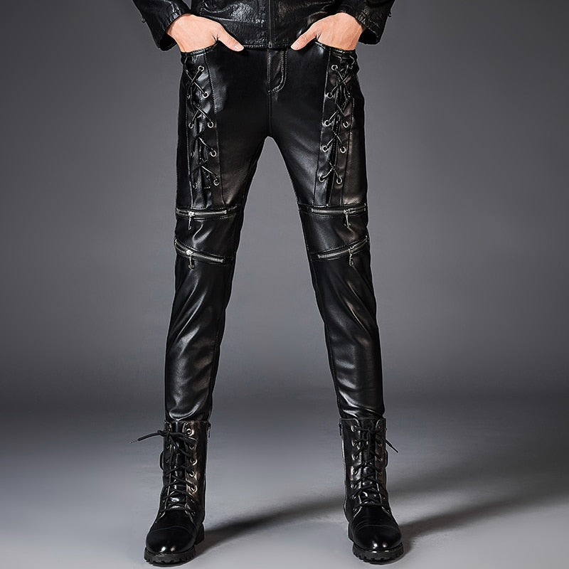 Dashing Leather Rope Zipper Biker Style Hombres Slim Fit PU Pantalones de cuero