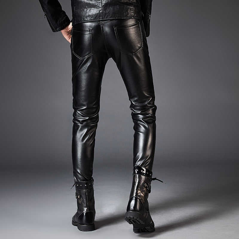 Dashing Leather Rope Zipper Biker Style Hombres Slim Fit PU Pantalones de cuero