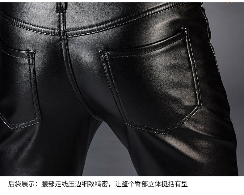 Dashing Leather Rope Zipper Biker Style Hombres Slim Fit PU Pantalones de cuero