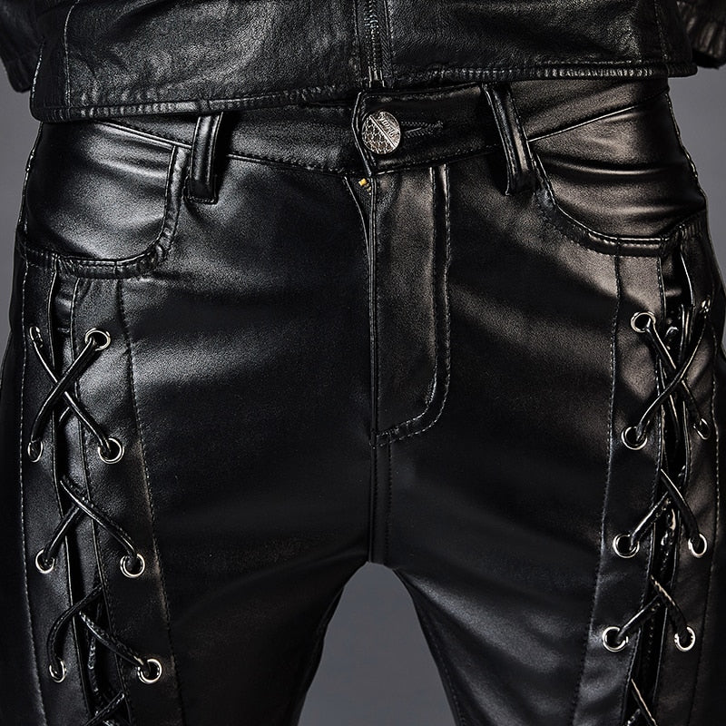 Dashing Leather Rope Zipper Biker Style Hombres Slim Fit PU Pantalones de cuero