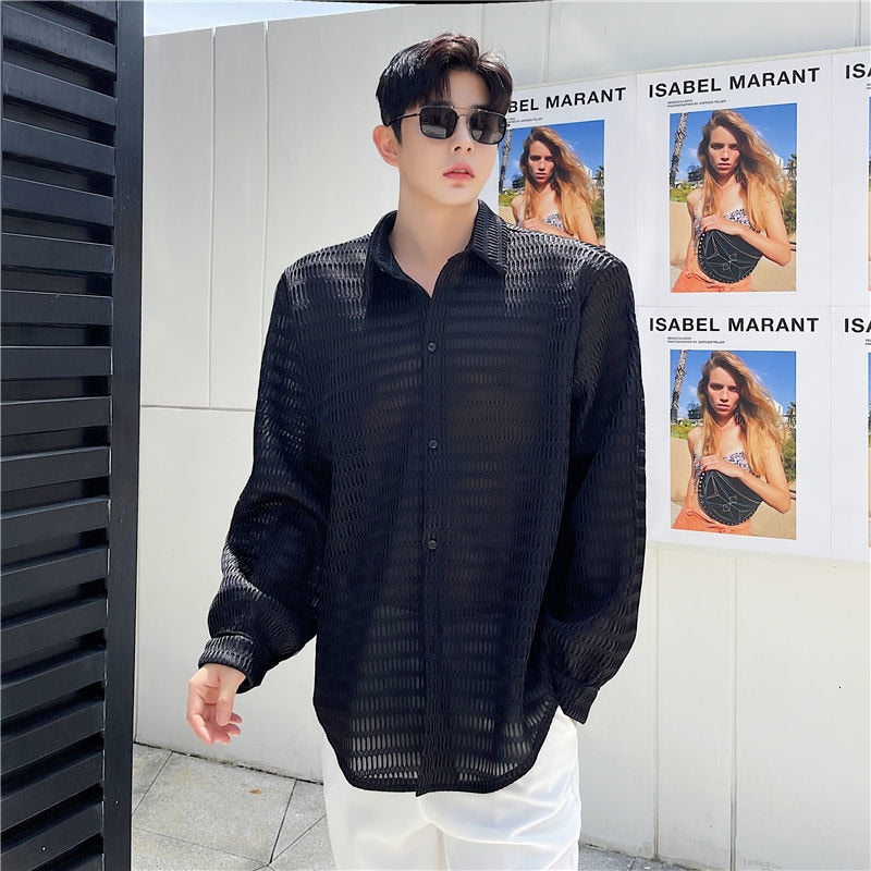 Oversized Mesh Monocolor Long Sleeve Shirt