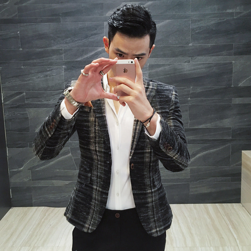 Vintage Plaid Wool Blend Men Slim Fit Smart Casual Blazer