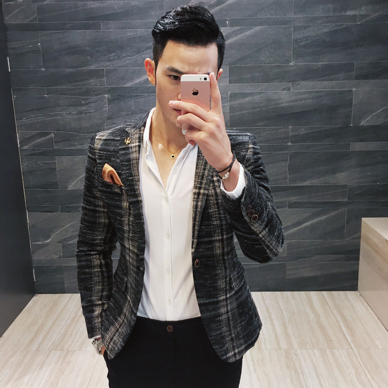 Vintage Plaid Wool Blend Men Slim Fit Smart Casual Blazer