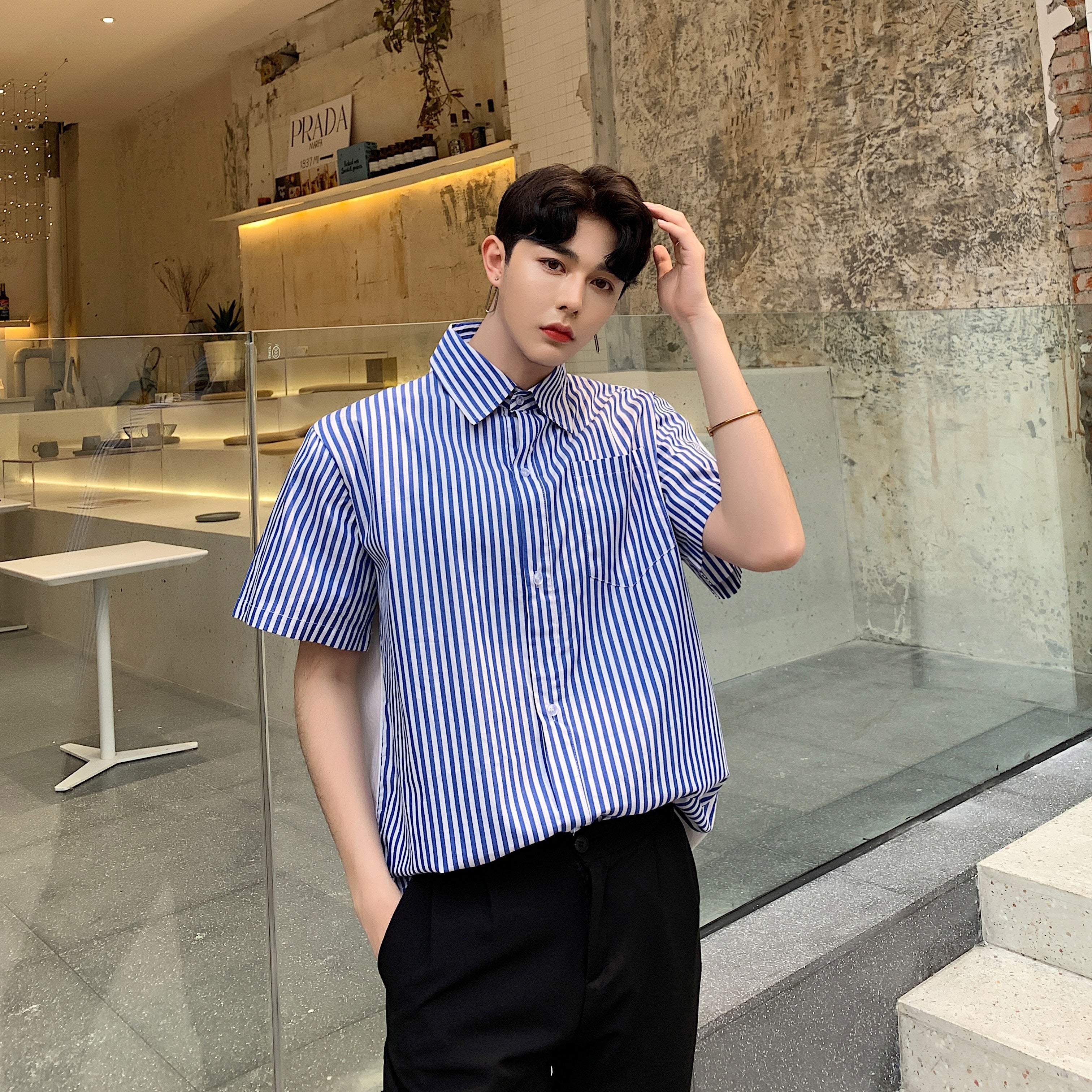 Two-Sided Double Collar Striped Shirt