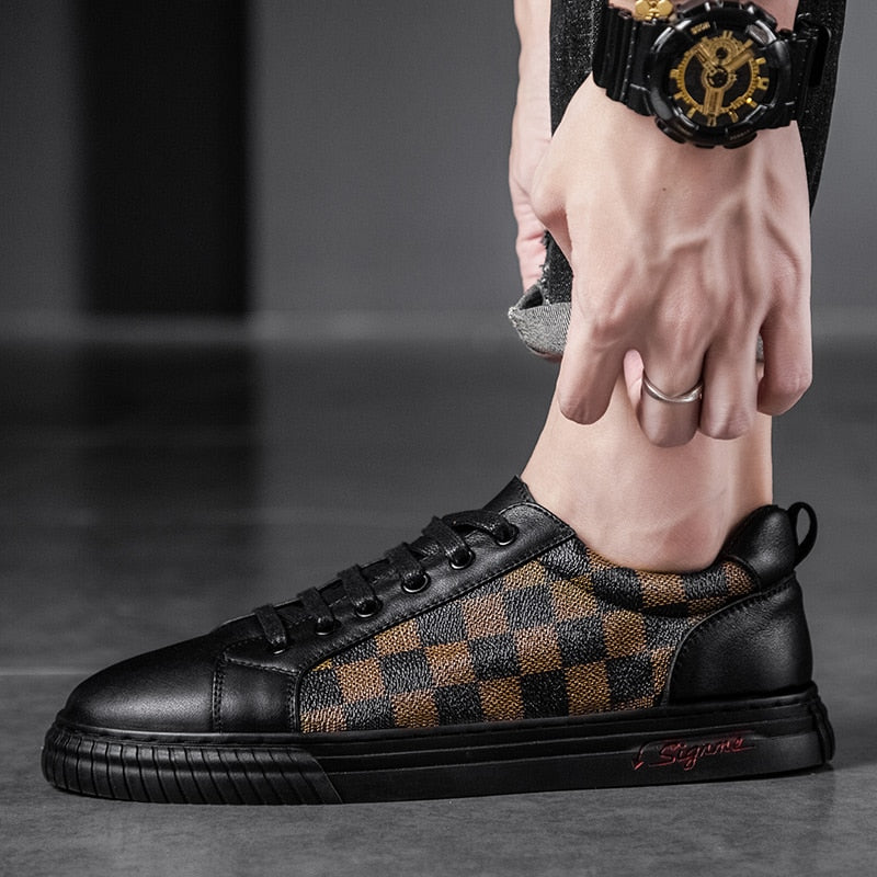Black Brown Checkered Pattern Leather Shoes