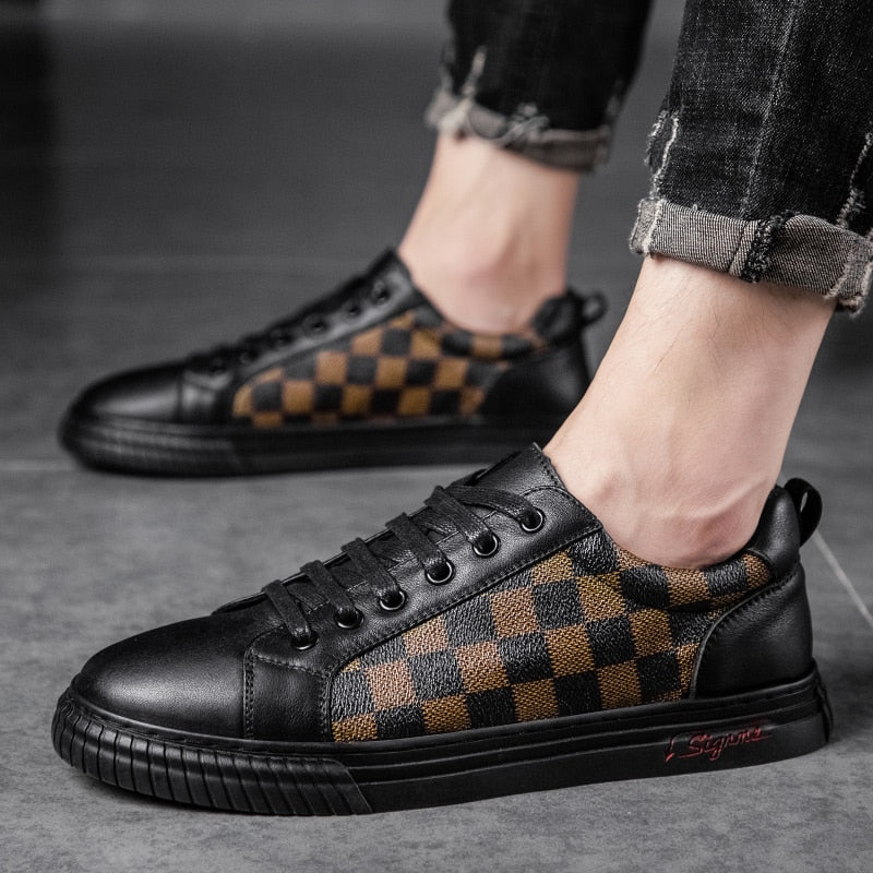Black Brown Checkered Pattern Leather Shoes