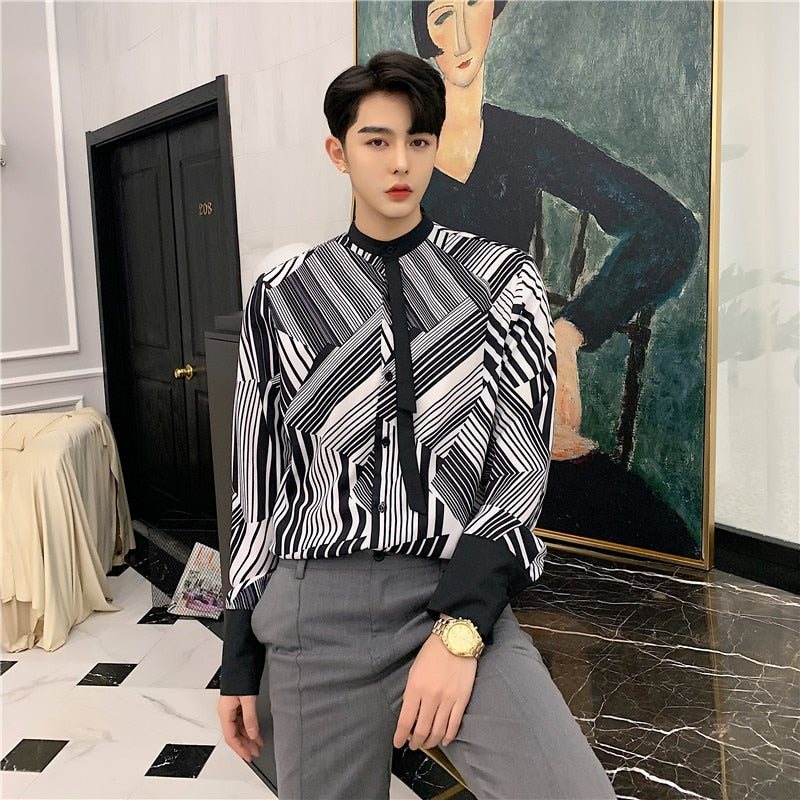 Striped Geometric Black White with Casual Tie Men Long Sleeves Shirts