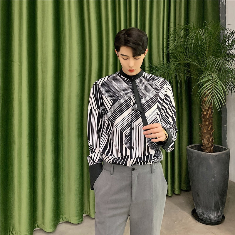 Striped Geometric Black White with Casual Tie Men Long Sleeves Shirts