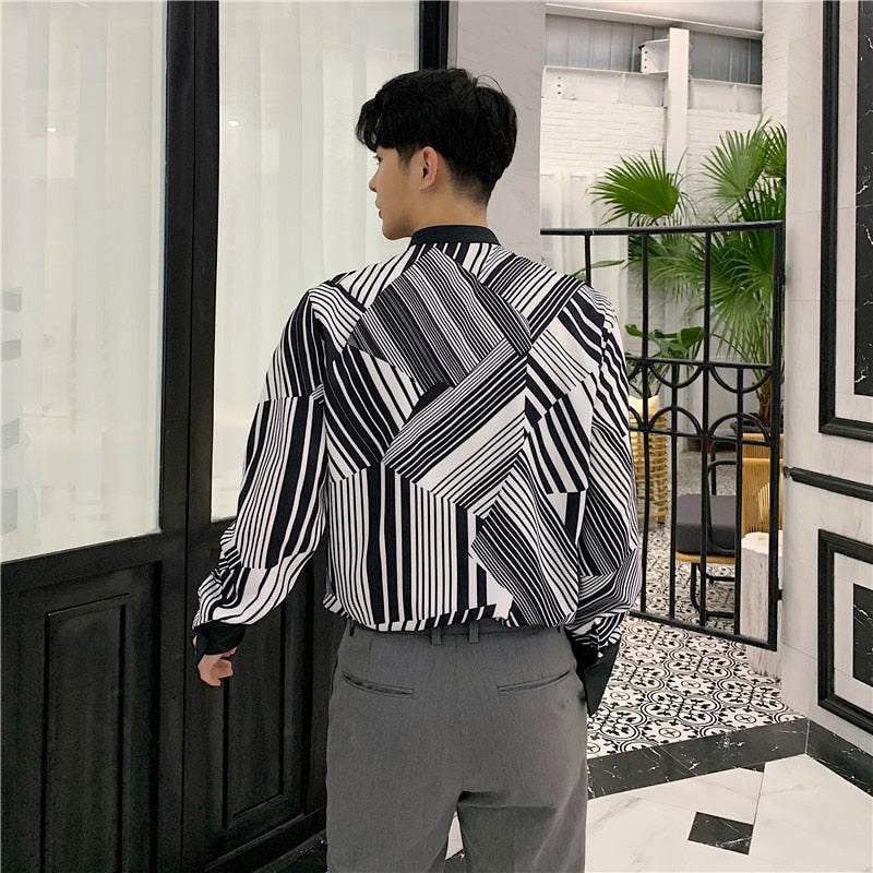 Striped Geometric Black White with Casual Tie Men Long Sleeves Shirts