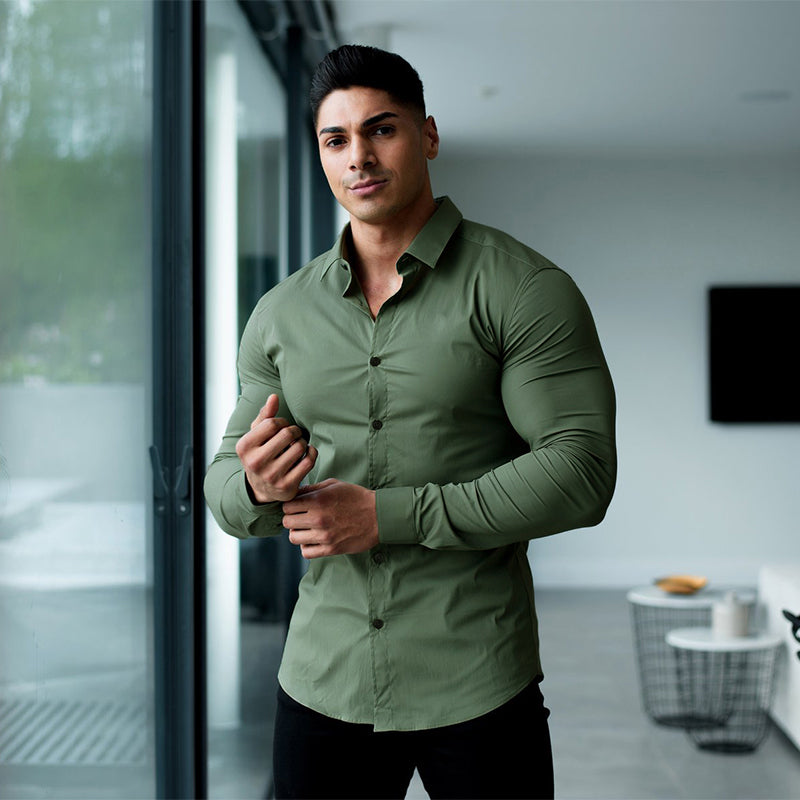 Muscular Solid Fit Casual Long Sleeve Shirt