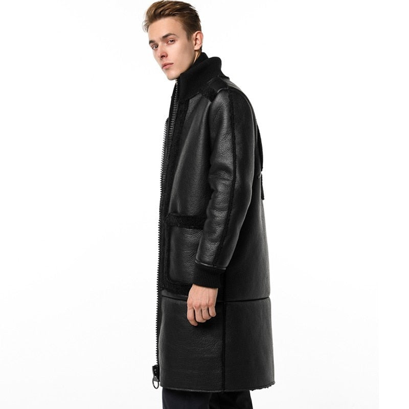 Classy Black Wool and Leather Combination Men Long Jacket with Embossed Detail Backside - FanFreakz