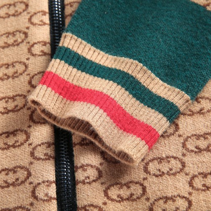 Khaki Geometric Pattern Zipper Cardigan