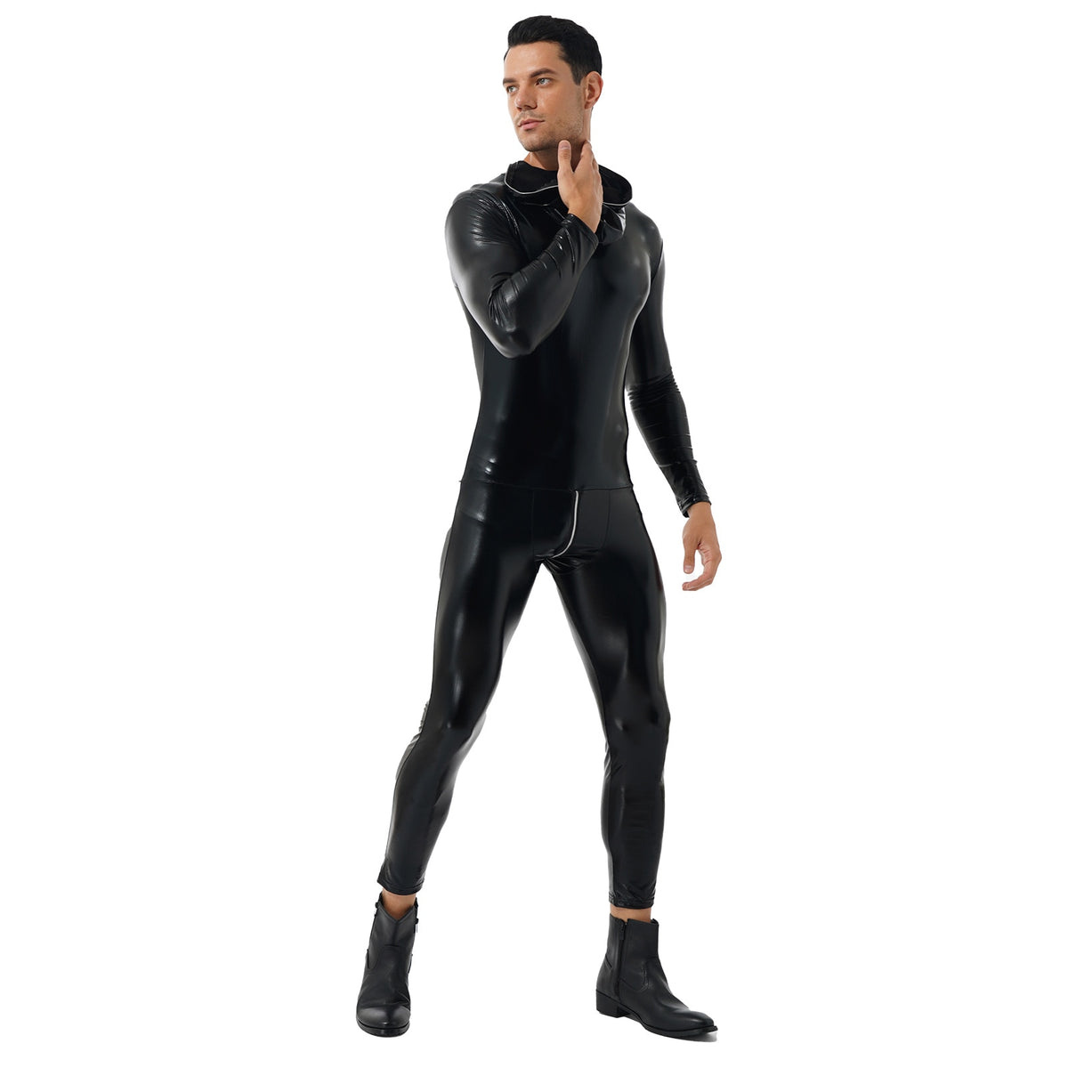 Sexy Black Latex Mesh Versatile Zipper Patent Leather Bodysuit Costume