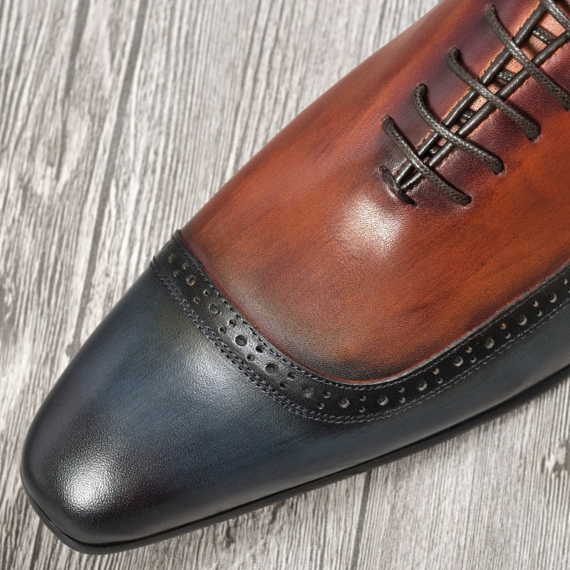 Zapatos de cuero formales de doble color marrón azul para hombre