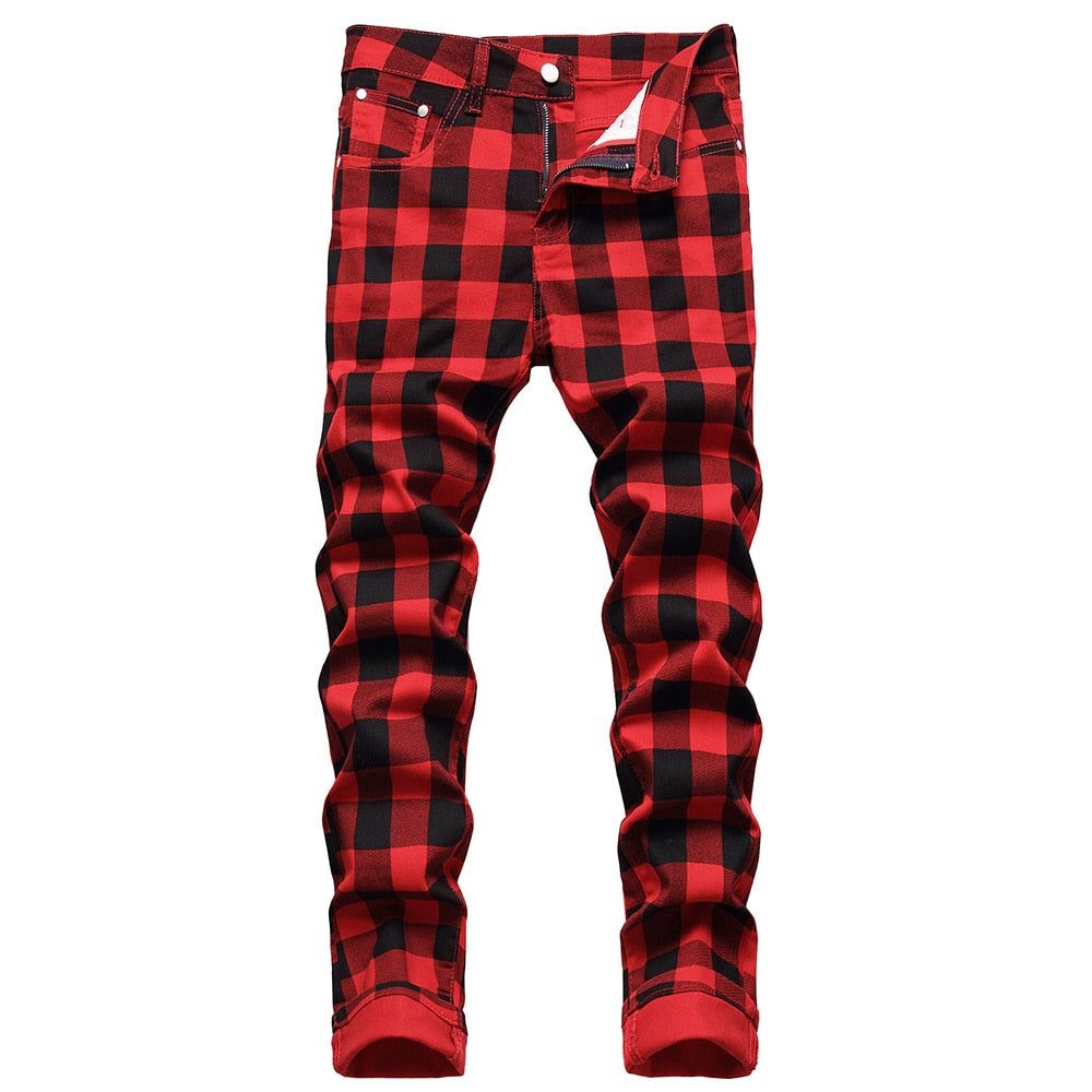 Black Red Plaid Print Straight Fit Jeans