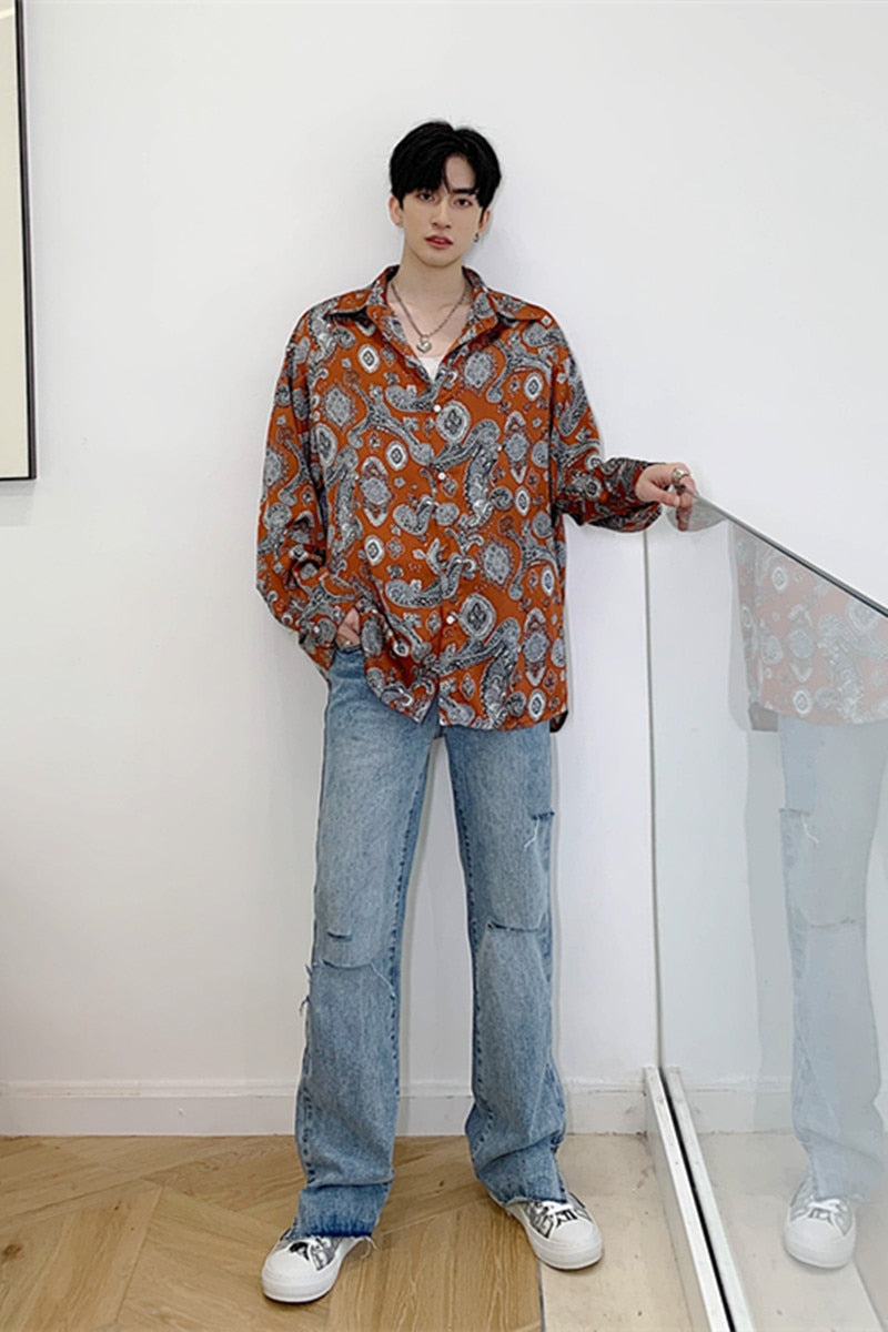 Paisley Retro Style Print Long Sleeve Men Shirt