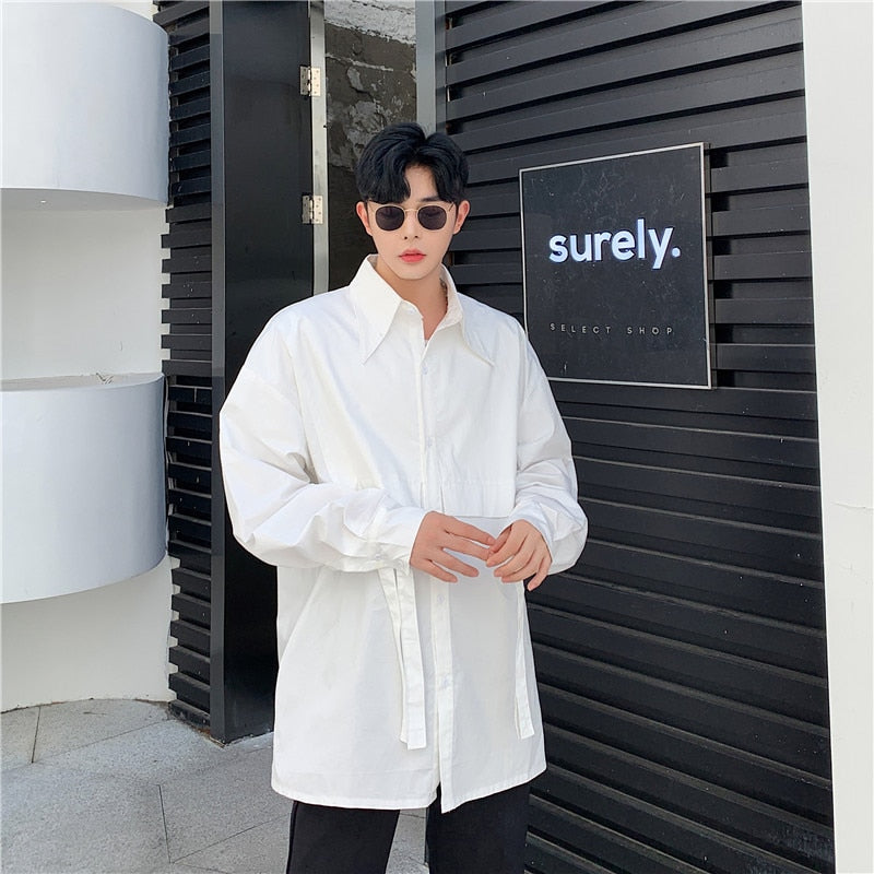 Men Monochrome Shirt with Tied Ribbon Sleeves