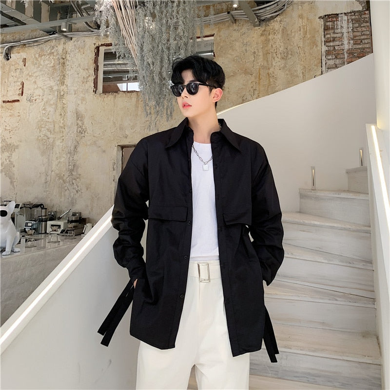 Men Monochrome Shirt with Tied Ribbon Sleeves