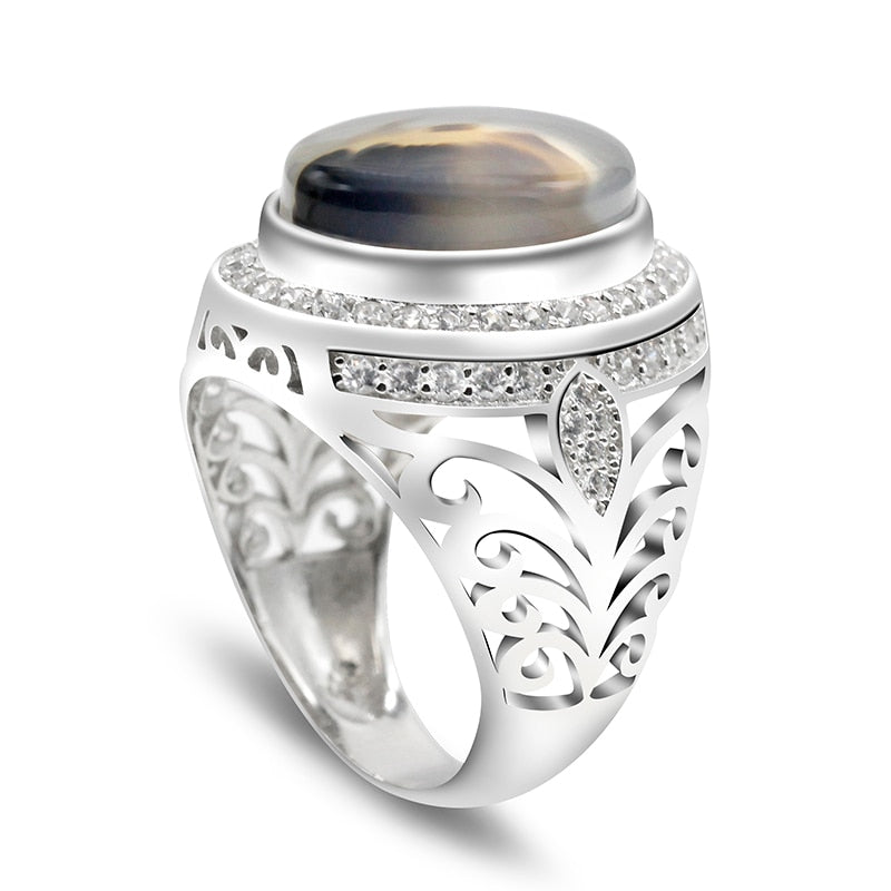 Sterling Silver Oval Nature Stone with Hollow Design Men Fashion Ring