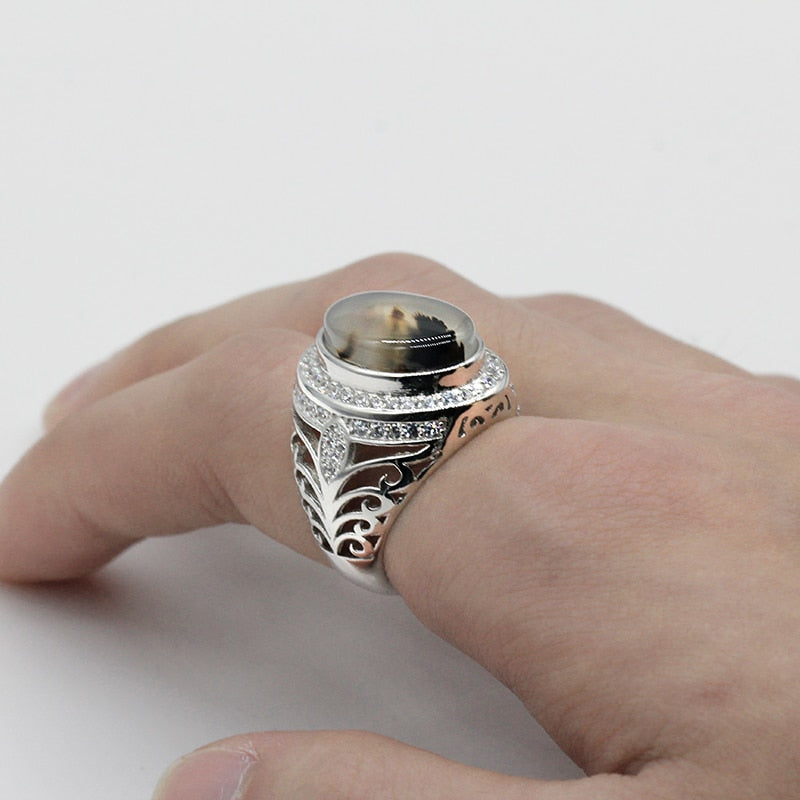 Sterling Silver Oval Nature Stone with Hollow Design Men Fashion Ring