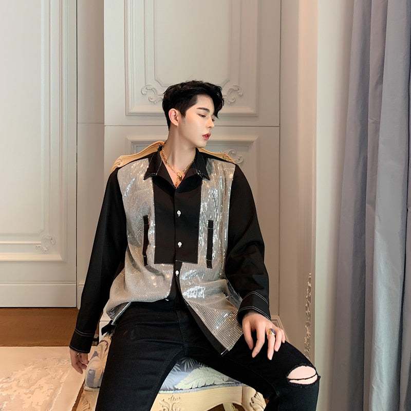 Camisa casual de manga larga de gasa con lentejuelas para hombre