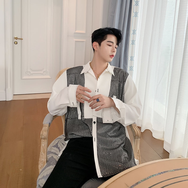 Camisa casual de manga larga de gasa con lentejuelas para hombre