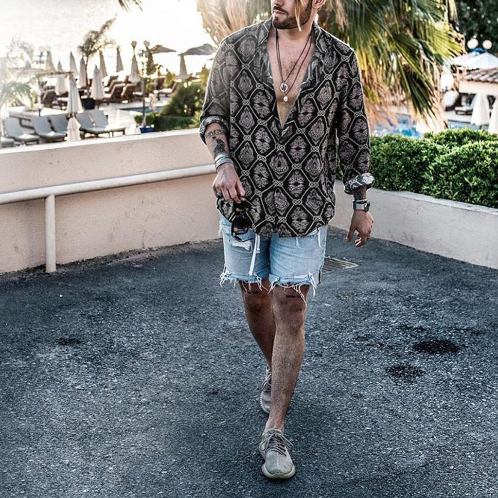 Camisas casuales sueltas de manga larga con estampado salvaje para hombres