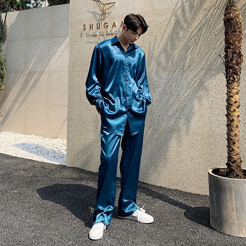 Solide Mince Lâche Satin Été Style Hommes Chemises À Manches Longues