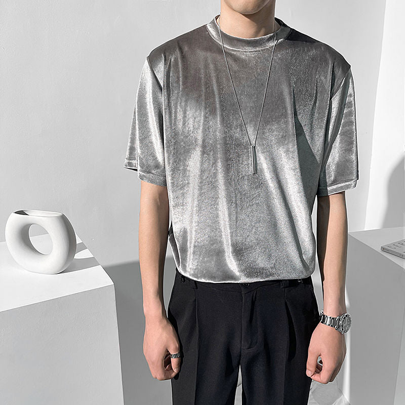 Short-Sleeve Plain Color Luxury Velvet T-Shirt