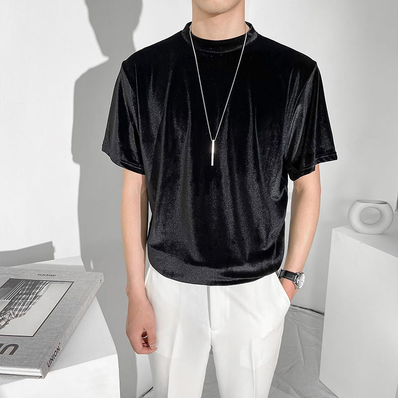 Short-Sleeve Plain Color Luxury Velvet T-Shirt
