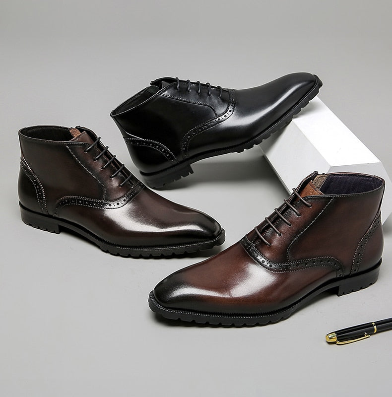 Bottines Chelsea d'hiver à lacets en cuir véritable