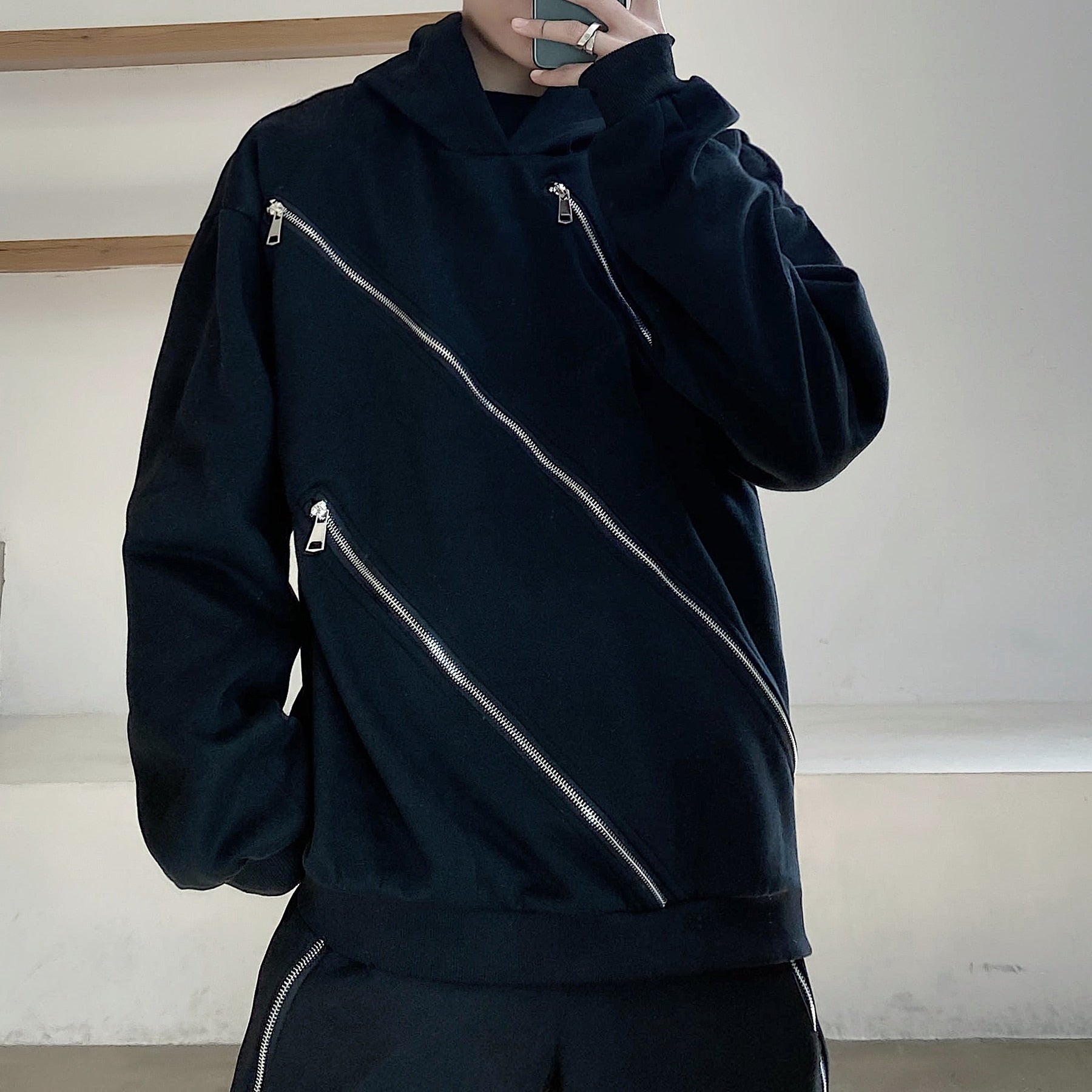 Estilo de cremallera diagonal triple Sudaderas con capucha