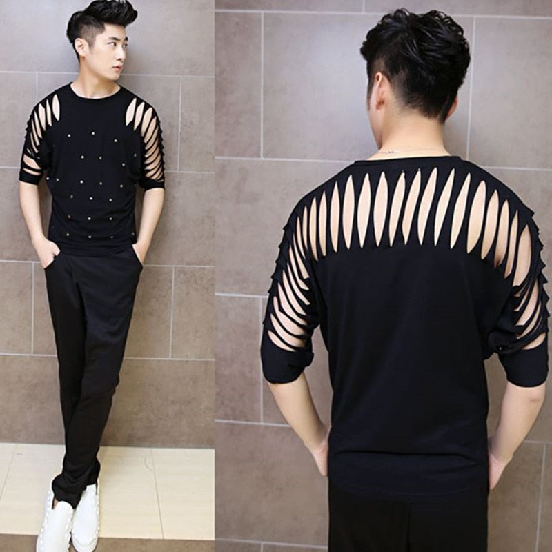 Hollow Out Punk Singer Sexy Stage Costume Men T-Shirt