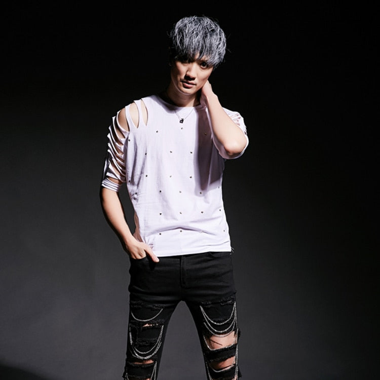 Hollow Out Punk Singer Sexy Stage Costume Men T-Shirt