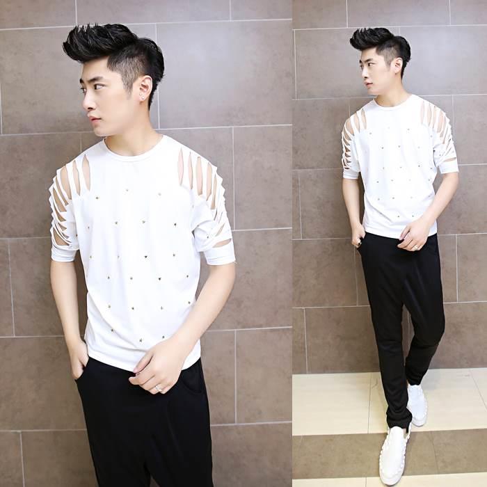 Hollow Out Punk Singer Sexy Stage Costume Men T-Shirt