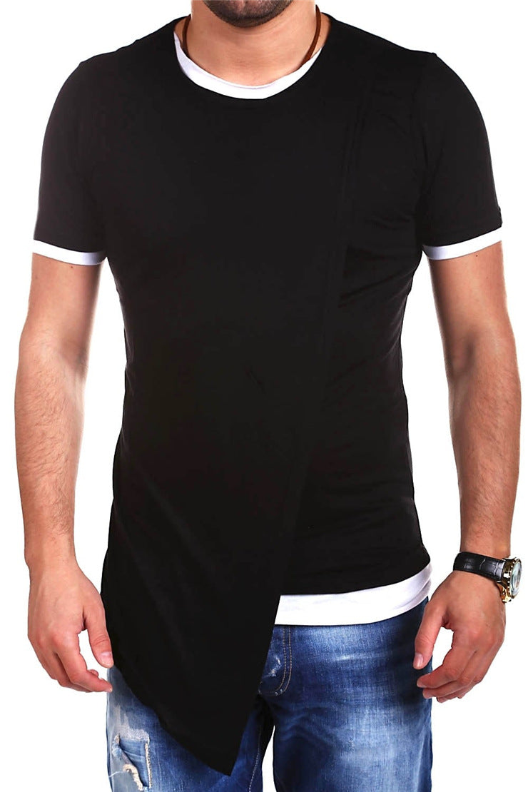 Oblique Double Layers Hip Hop Style Men Short Sleeves T Shirt