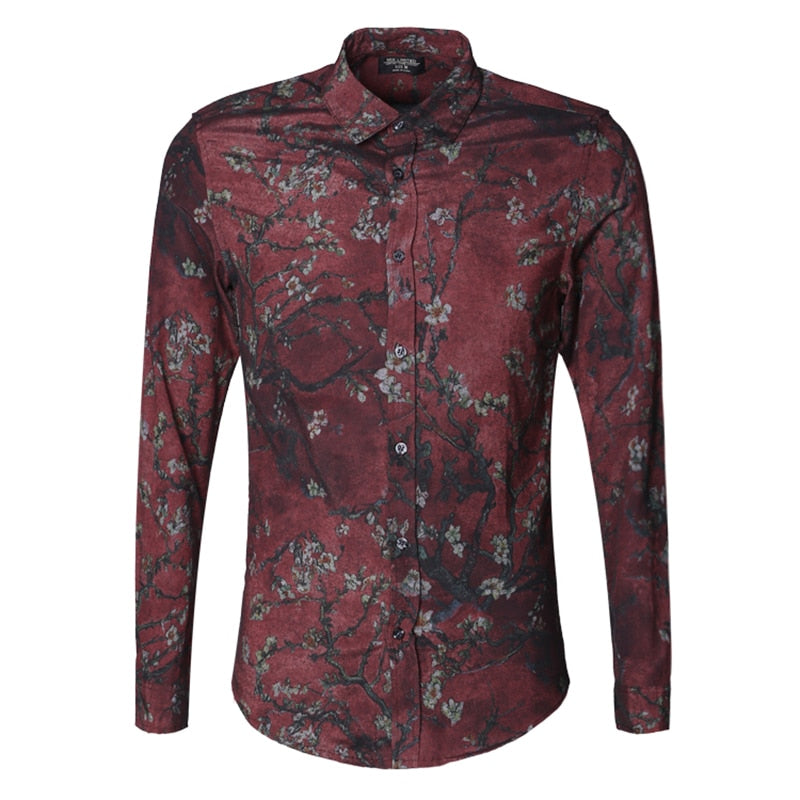 Camisa de manga larga para hombre Vintage Slim con estampado de flores