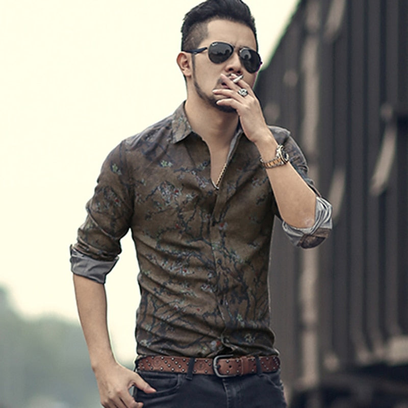 Camisa de manga larga para hombre Vintage Slim con estampado de flores