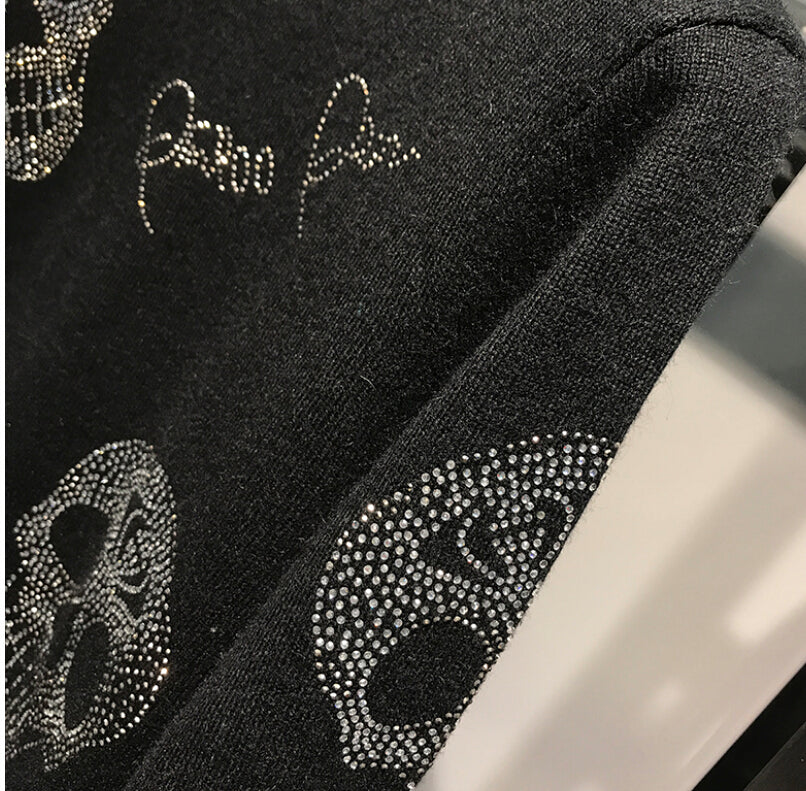 Black Rhinestone Skull Rayon Sweater