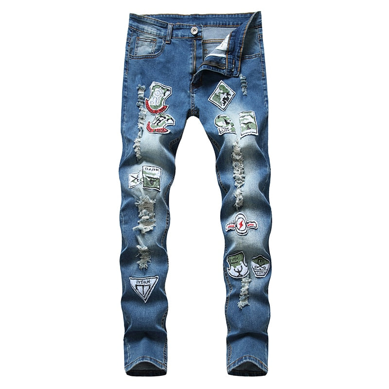 Badges Patchwork Style Ripped Straight Jeans