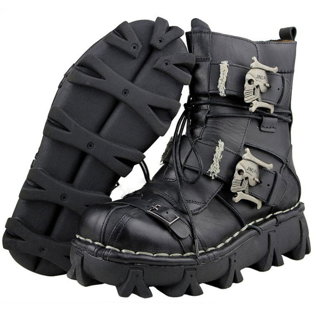 Style de combat militaire avec crâne punk boucle sangle hommes bottes de travail en cuir