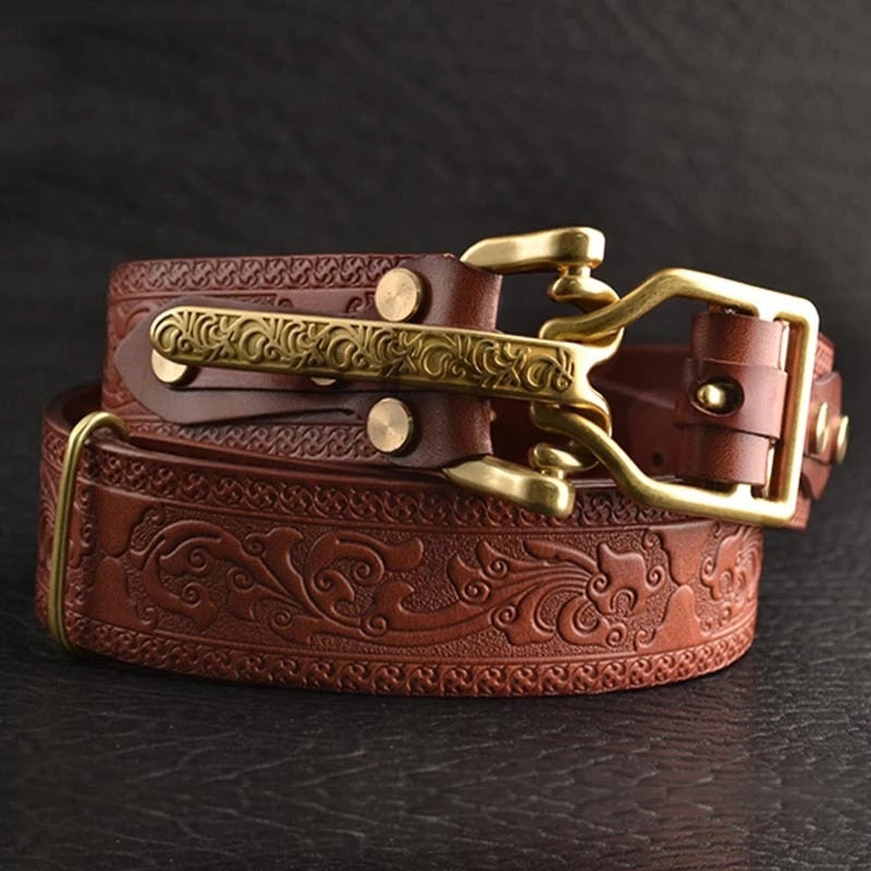 Artistic Leather Gold Buckle Men Belt