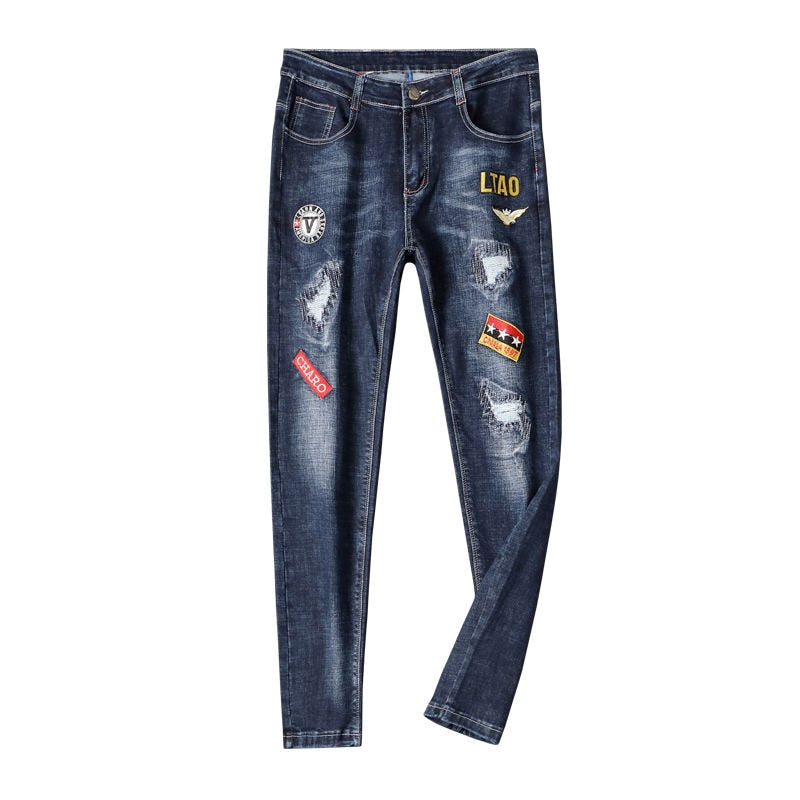 Badges Embroidery and Patchwork Decorated Jeans