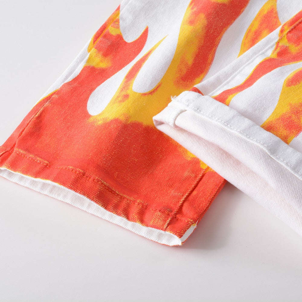 Fire Printed Decoration Ripped Slim Fit Jeans
