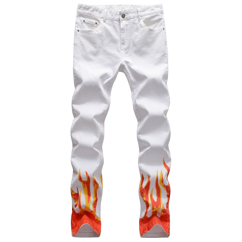 Fire Printed Decoration Ripped Slim Fit Jeans