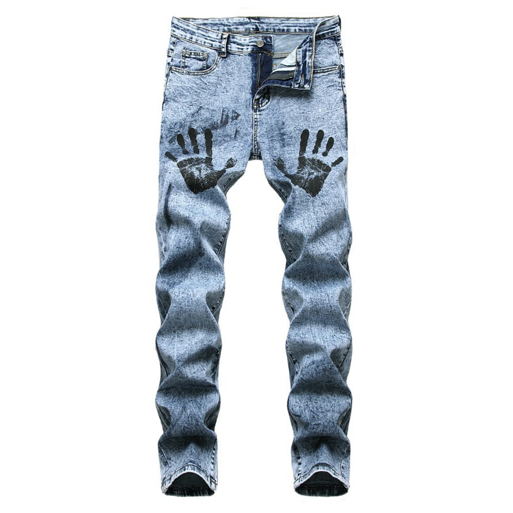 Hand Palms Printed Slim Fit Jeans