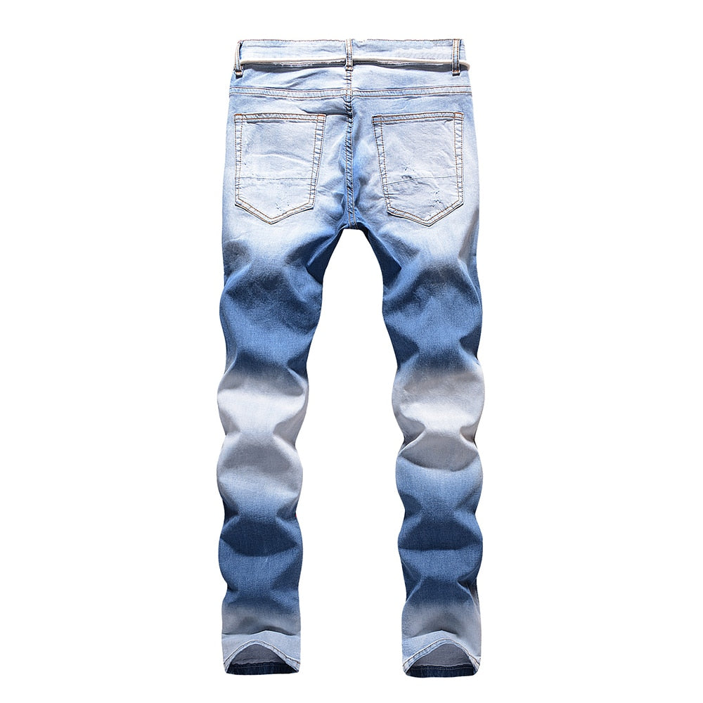 Light Blue Holes and Patchwork Decorated Jeans